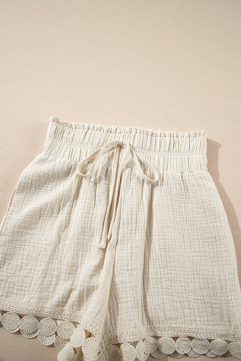 Textured High Waist Knotted Lace Hem Frilled Casual Shorts