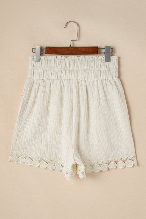 Textured High Waist Knotted Lace Hem Frilled Casual Shorts