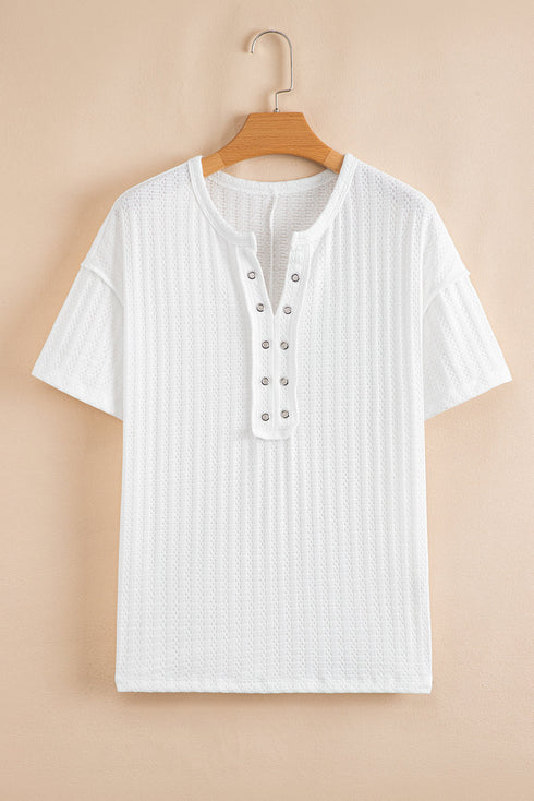 Textured Hollow Grommet Placket Short Sleeve Casual Top