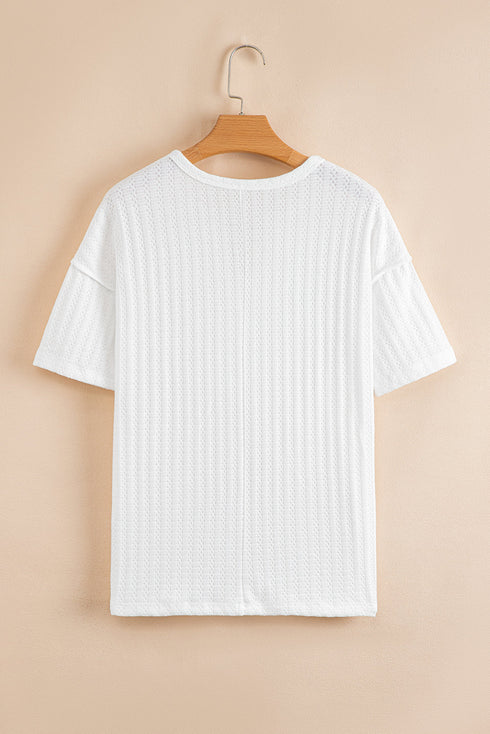 Textured Hollow Grommet Placket Short Sleeve Casual Top