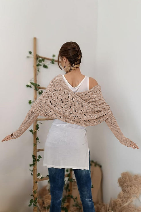 Textured Hollowed Knit Cross Detail Sleeve Scarf
