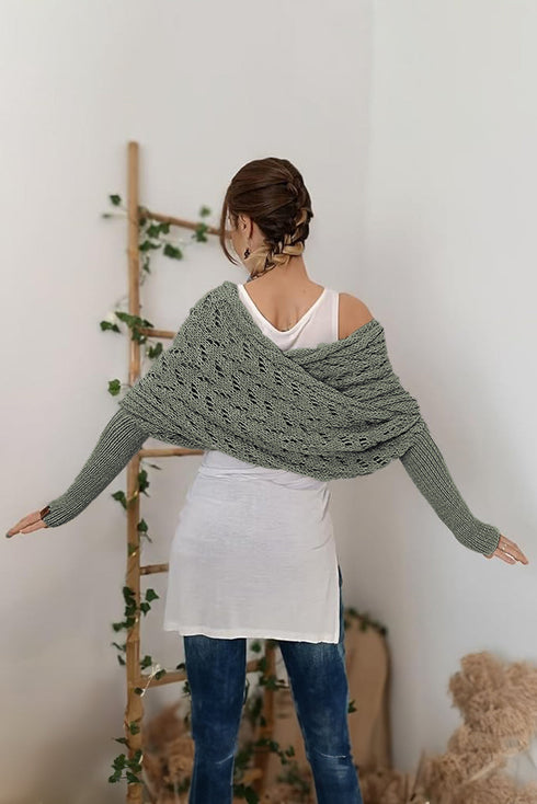 Textured Hollowed Knit Cross Detail Sleeve Scarf
