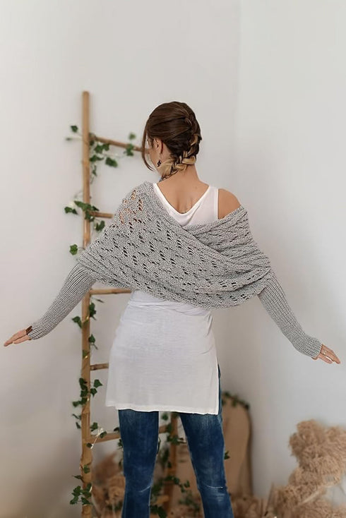Textured Hollowed Knit Cross Detail Sleeve Scarf