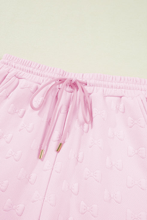 Textured Jacquard Bow Detail Ruffle Sleeve Short Set