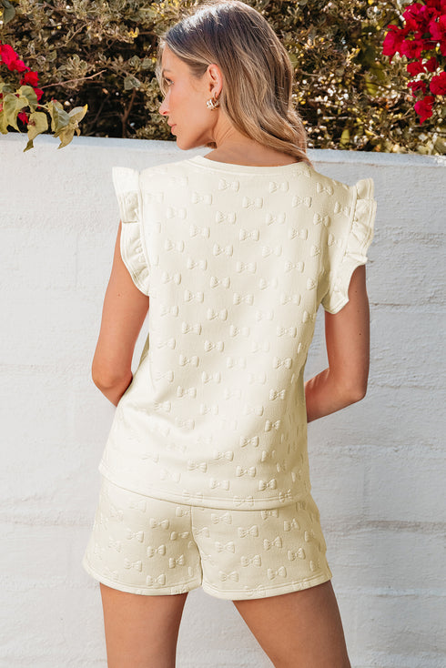 Textured Jacquard Bow Detail Ruffle Sleeve Short Set