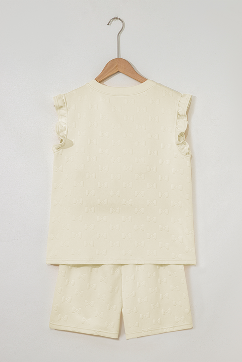 Textured Jacquard Bow Detail Ruffle Sleeve Short Set