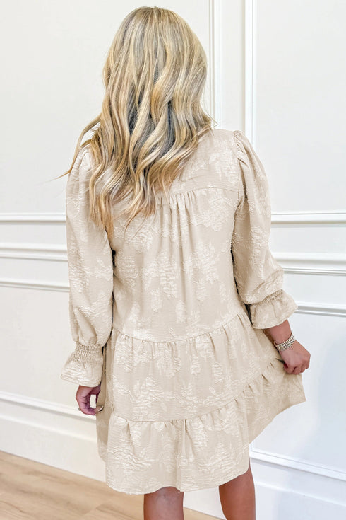 Textured Jacquard Notched Neck Long Sleeve Tiered Mini Dress