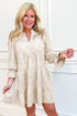Textured Jacquard Notched Neck Long Sleeve Tiered Mini Dress