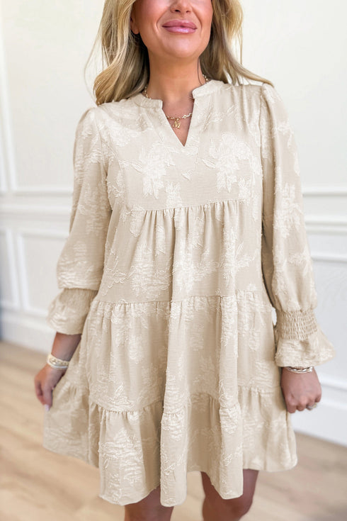 Textured Jacquard Notched Neck Long Sleeve Tiered Mini Dress