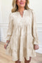 Textured Jacquard Notched Neck Long Sleeve Tiered Mini Dress