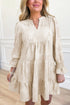 Textured Jacquard Notched Neck Long Sleeve Tiered Mini Dress