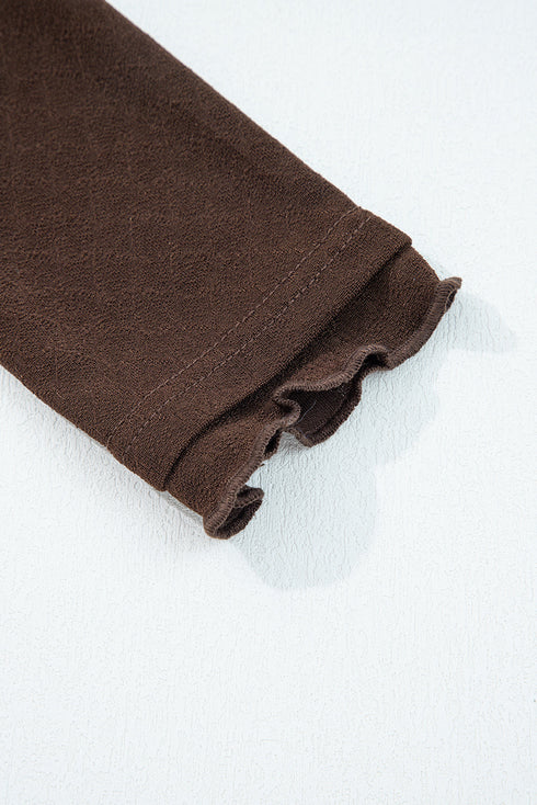 Textured Jacquard Patchwork Raw Seam Lettuce Trim Long Sleeve Top