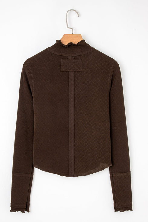 Textured Jacquard Patchwork Raw Seam Lettuce Trim Long Sleeve Top