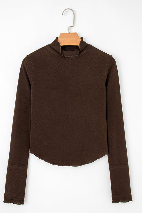 Textured Jacquard Patchwork Raw Seam Lettuce Trim Long Sleeve Top