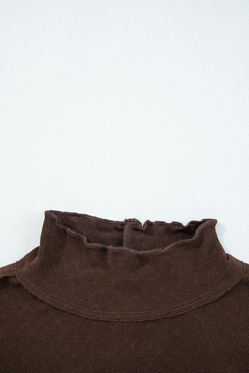 Textured Jacquard Patchwork Raw Seam Lettuce Trim Long Sleeve Top