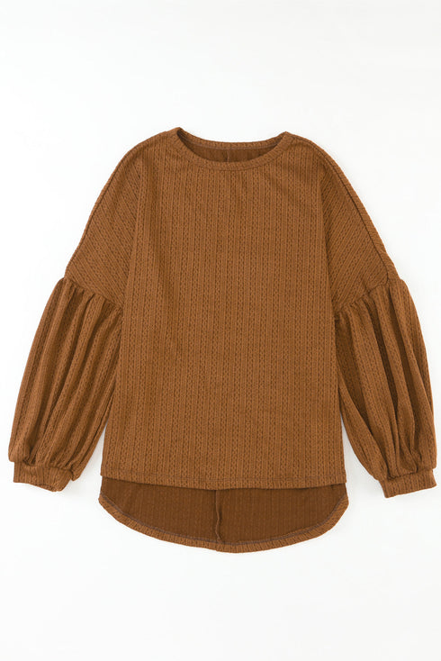 Textured Jacquard Puff Sleeve Crew Neck Pullover Top