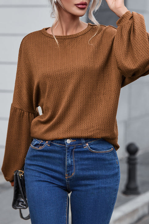 Textured Jacquard Puff Sleeve Crew Neck Pullover Top