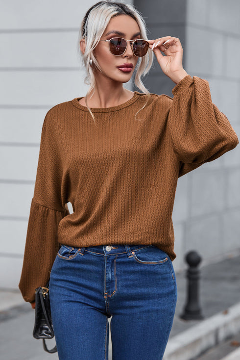 Textured Jacquard Puff Sleeve Crew Neck Pullover Top