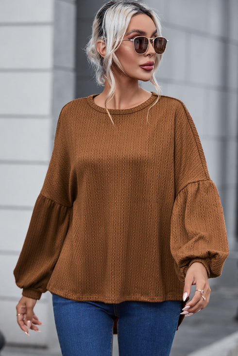 Textured Jacquard Puff Sleeve Crew Neck Pullover Top