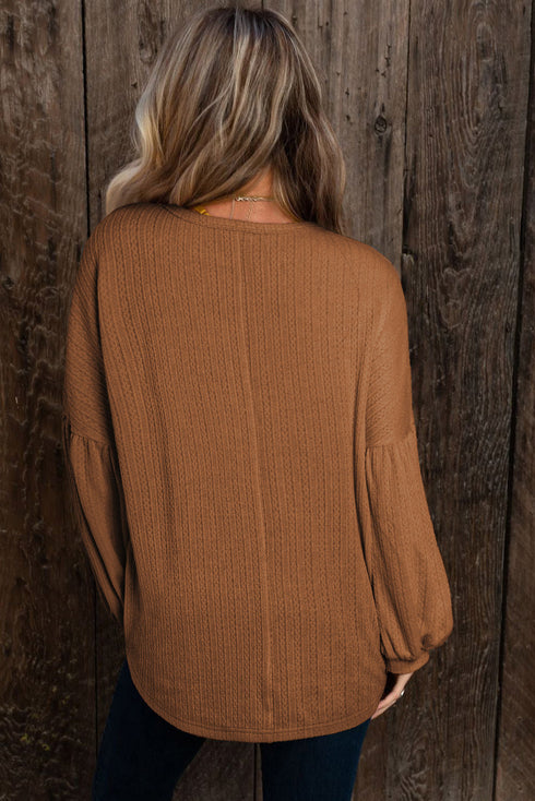 Textured Jacquard Puff Sleeve Crew Neck Pullover Top