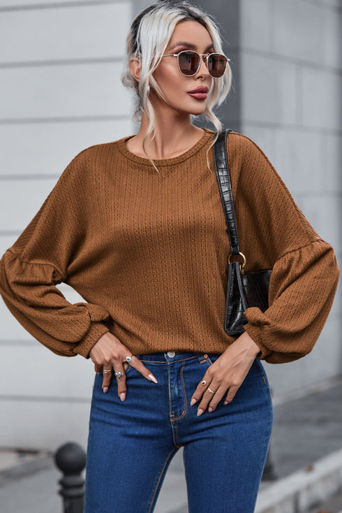 Textured Jacquard Puff Sleeve Crew Neck Pullover Top