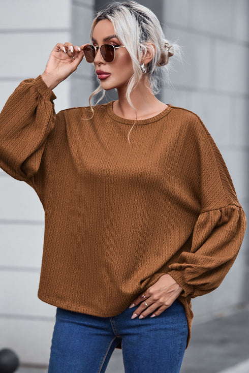 Textured Jacquard Puff Sleeve Crew Neck Pullover Top