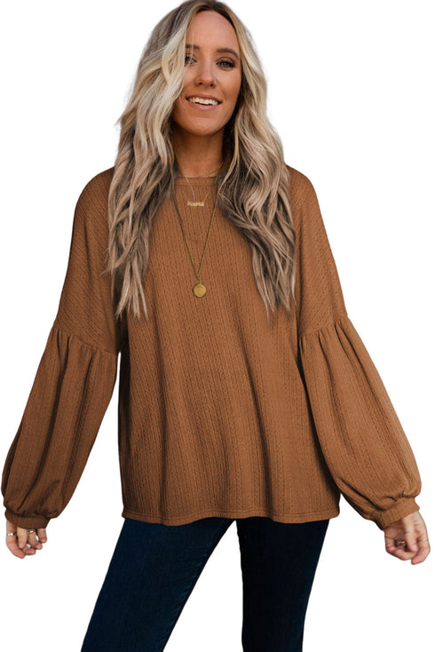Textured Jacquard Puff Sleeve Crew Neck Pullover Top