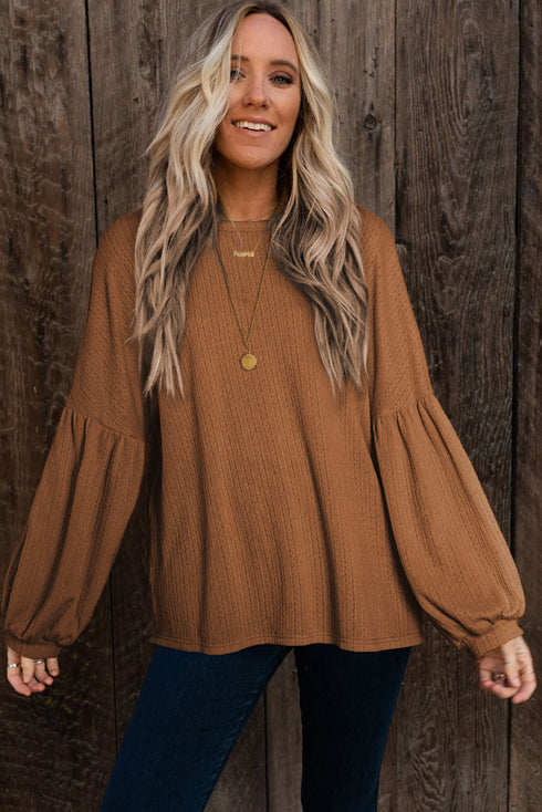 Textured Jacquard Puff Sleeve Crew Neck Pullover Top