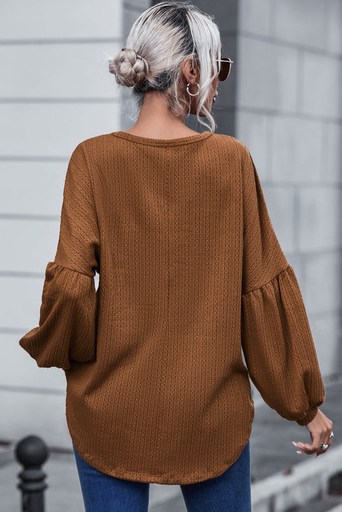 Textured Jacquard Puff Sleeve Crew Neck Pullover Top