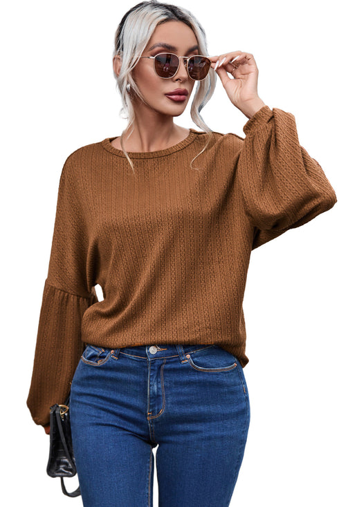 Textured Jacquard Puff Sleeve Crew Neck Pullover Top