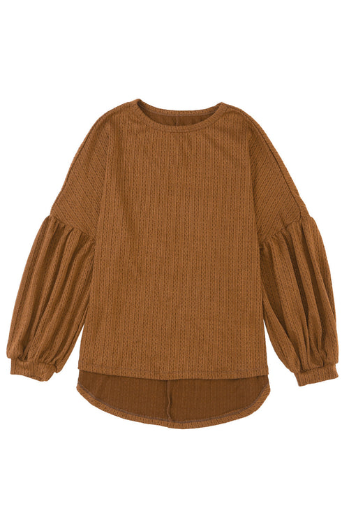 Textured Jacquard Puff Sleeve Crew Neck Pullover Top