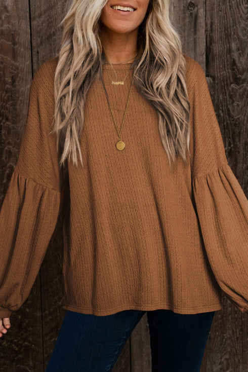 Textured Jacquard Puff Sleeve Crew Neck Pullover Top
