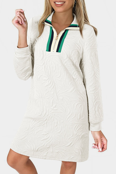 Textured Jacquard Quarter Zipper Shift Mini Dress