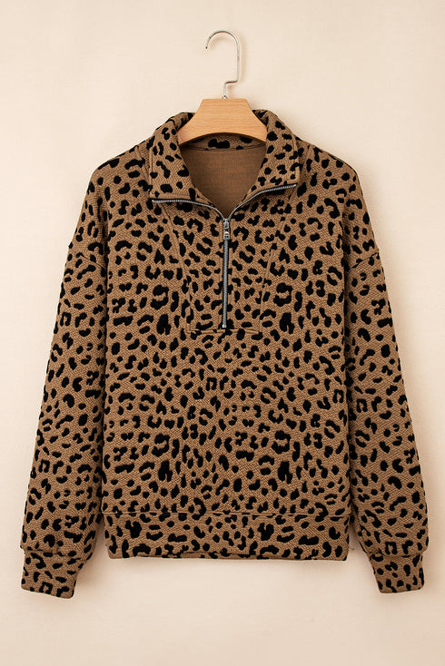 Textured Knit Animal Print Quarter Zip Pullover