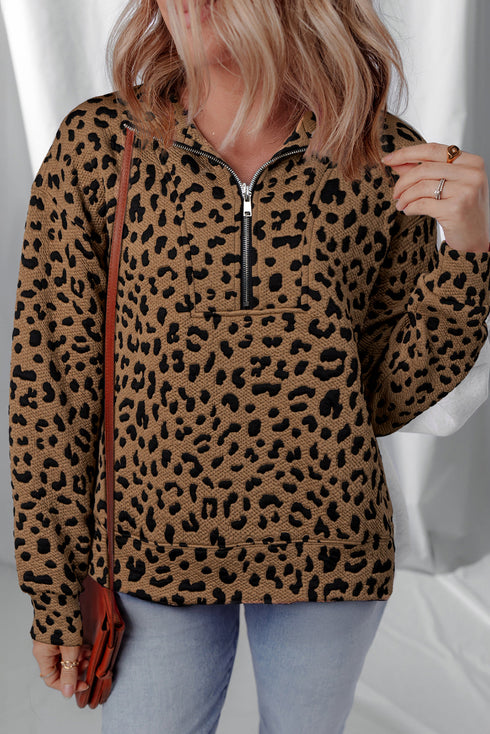 Textured Knit Animal Print Quarter Zip Pullover