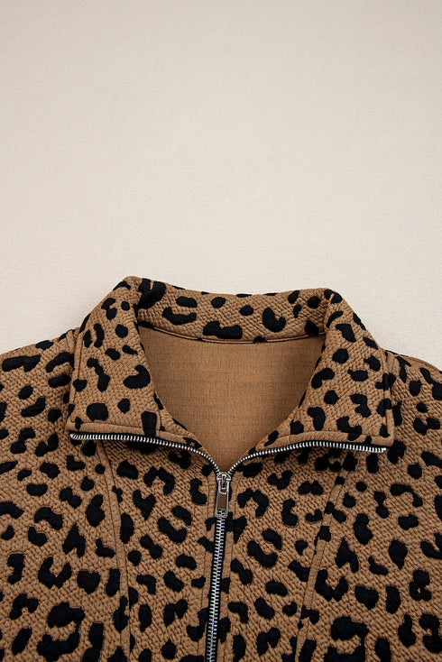 Textured Knit Animal Print Quarter Zip Pullover