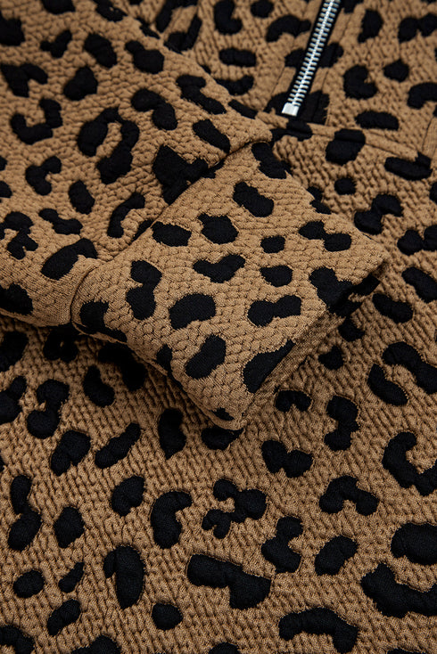 Textured Knit Animal Print Quarter Zip Pullover