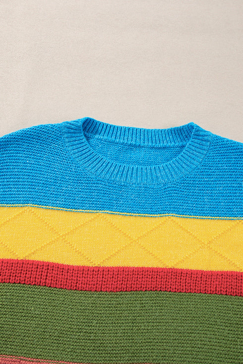 Textured Knit Block Stripe Crew Neck Sweater
