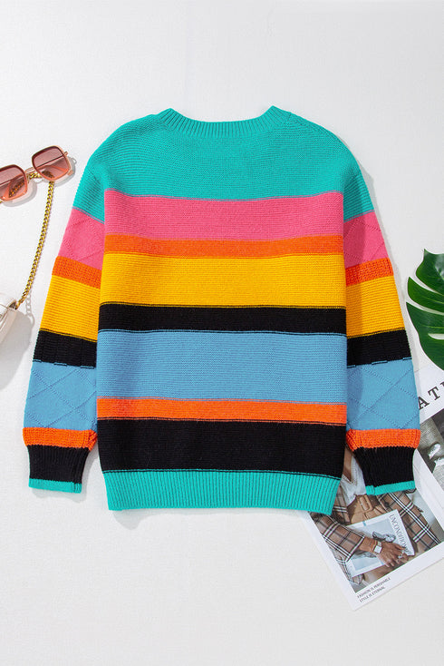 Textured Knit Block Stripe Crew Neck Sweater