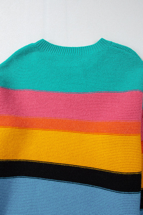 Textured Knit Block Stripe Crew Neck Sweater