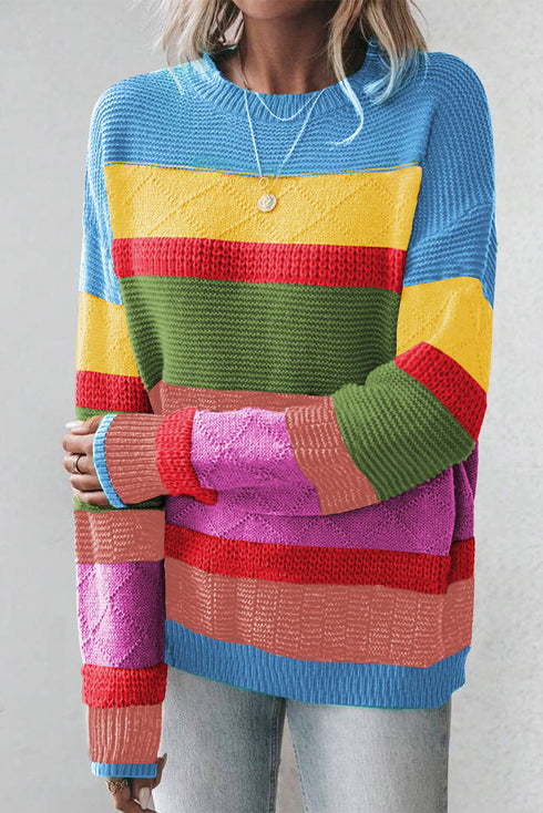Textured Knit Block Stripe Crew Neck Sweater