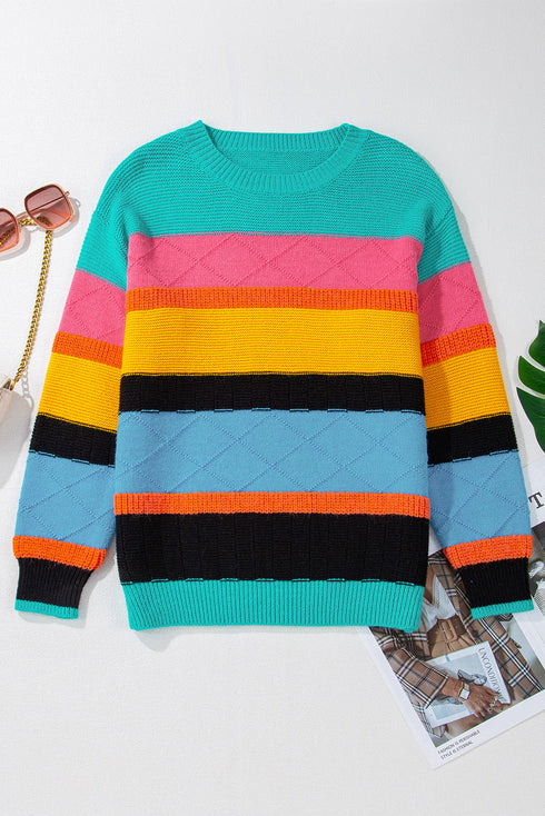 Textured Knit Block Stripe Crew Neck Sweater