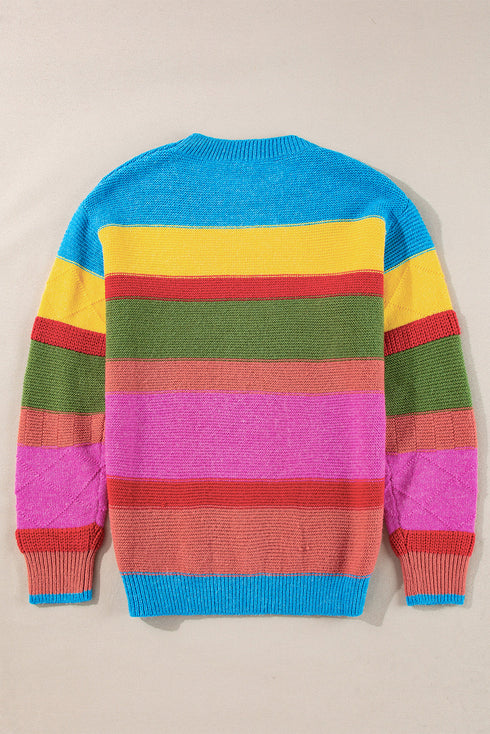 Textured Knit Block Stripe Crew Neck Sweater