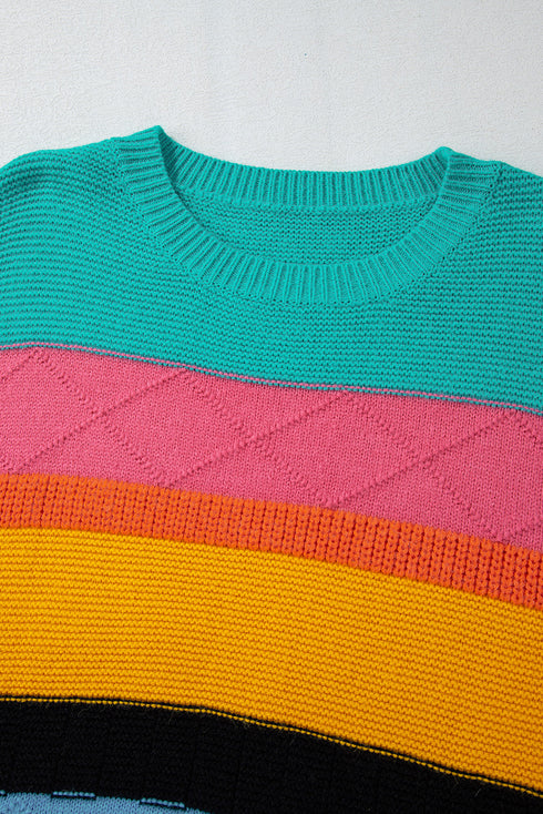 Textured Knit Block Stripe Crew Neck Sweater