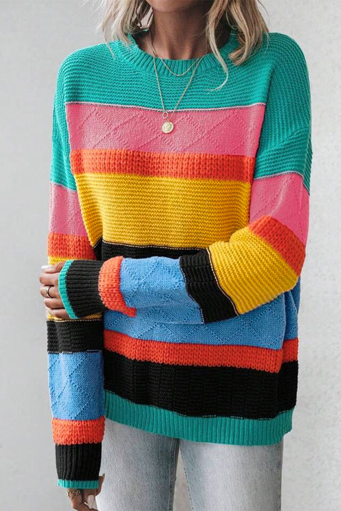 Textured Knit Block Stripe Crew Neck Sweater
