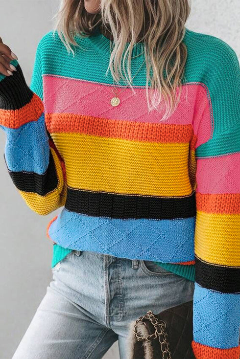 Textured Knit Block Stripe Crew Neck Sweater