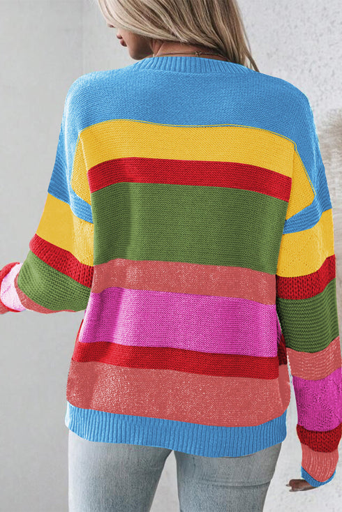 Textured Knit Block Stripe Crew Neck Sweater