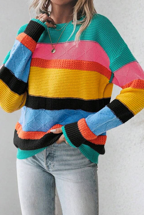 Textured Knit Block Stripe Crew Neck Sweater