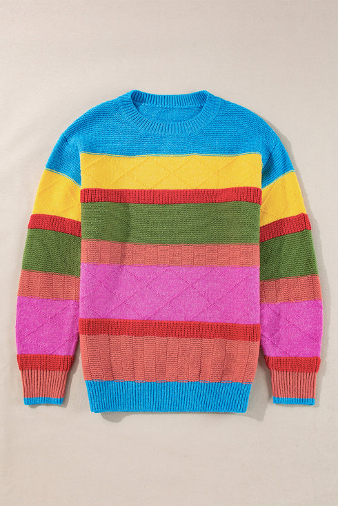 Textured Knit Block Stripe Crew Neck Sweater
