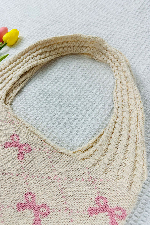 Textured Knit Bowknot Strap Soft Shoulder Bag